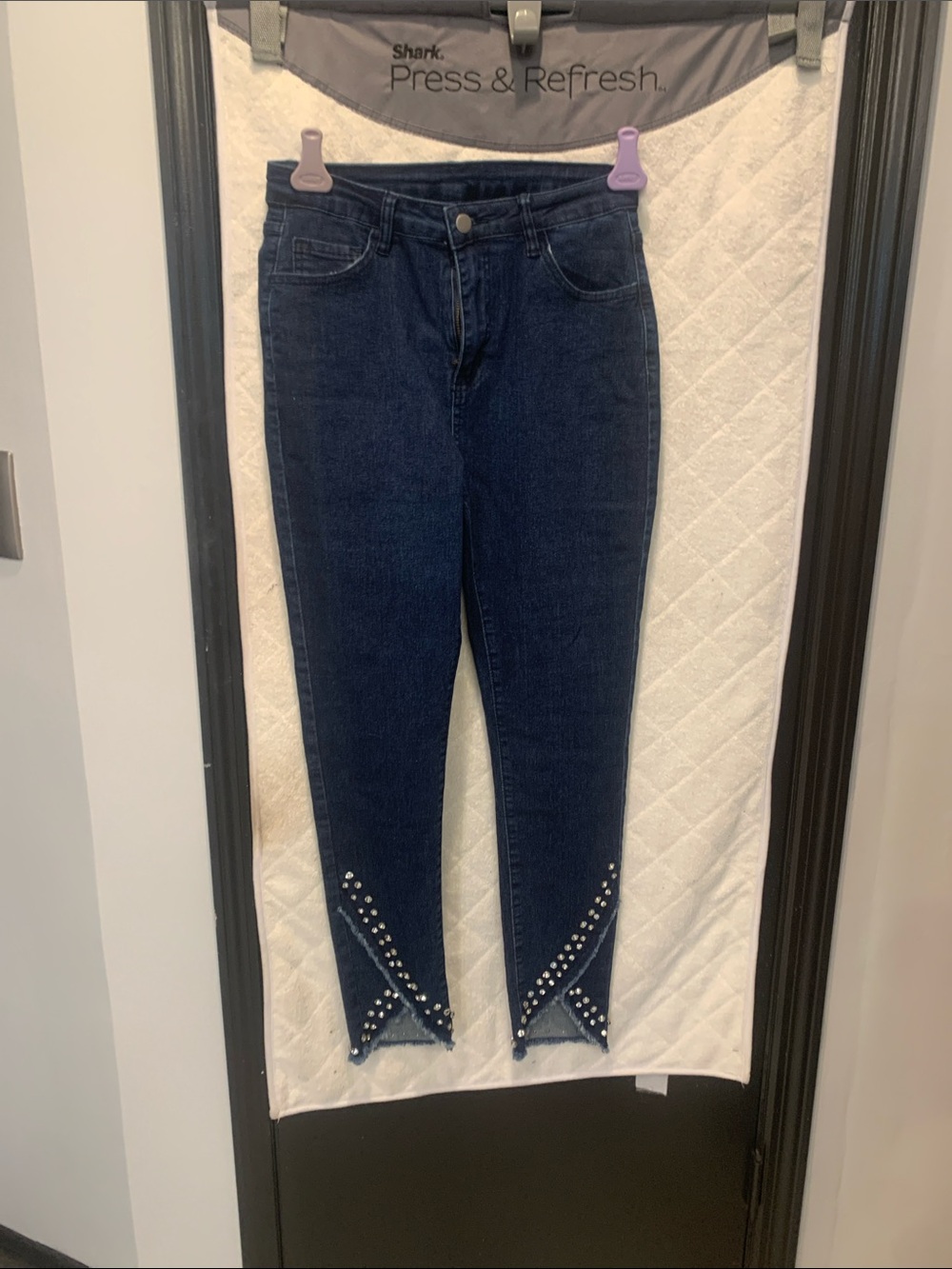 Women's Dark Blue Rhinestone Embellished Ankle Stretch Jeans